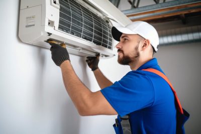 Air conditioning technician servicing a wall-mounted AC unit in Apache Junction, AZ